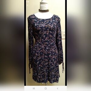 American Eagle Outfitters Navy Blue Floral Babydoll Dress Long Slit Sleeves